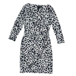 Lauren Ralph Lauren Floral Print Sheath Dress 3/4 Sleeve Black White Size 4